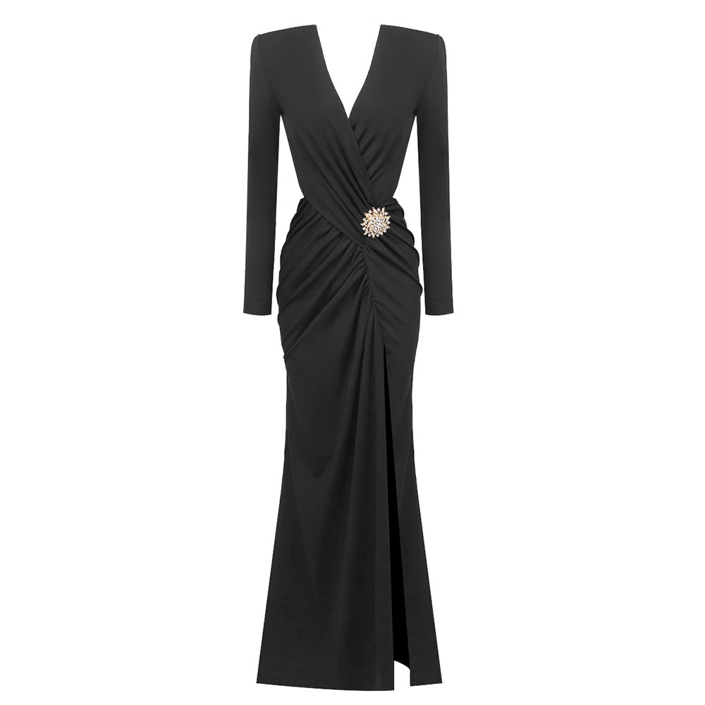 Women's Long Sleeve Pleating Hollow Out Cross Dresses