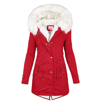 Women's Mid-length Trench White Fur Collar Hood Coats
