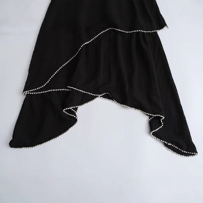 Women's Spring Black Long Sleeve Irregular Pearl Dresses