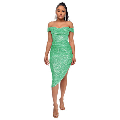 Women's Split Draped Dress Summer Sequined Backless Dresses