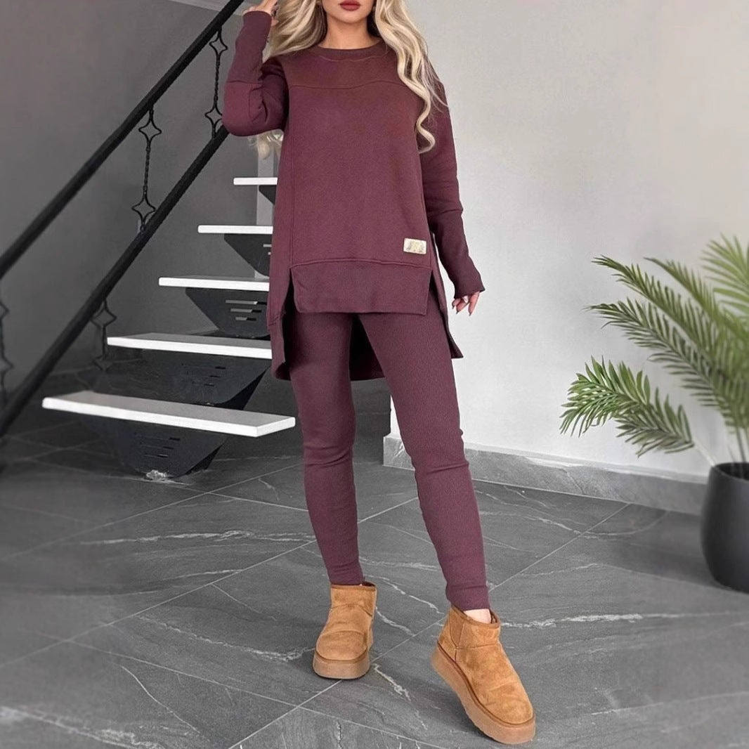 Women's Slit Long Sleeve Crew Neck Casual Suits