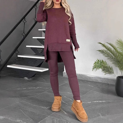 Women's Slit Long Sleeve Crew Neck Casual Suits