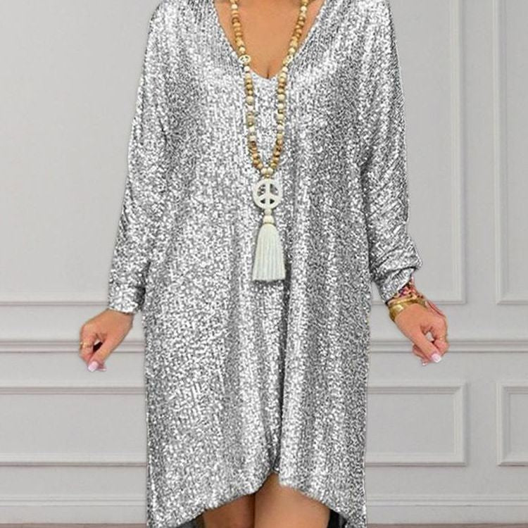 Short-sleeved Urban Casual Solid Color Loose Pullover Sequined Dresses