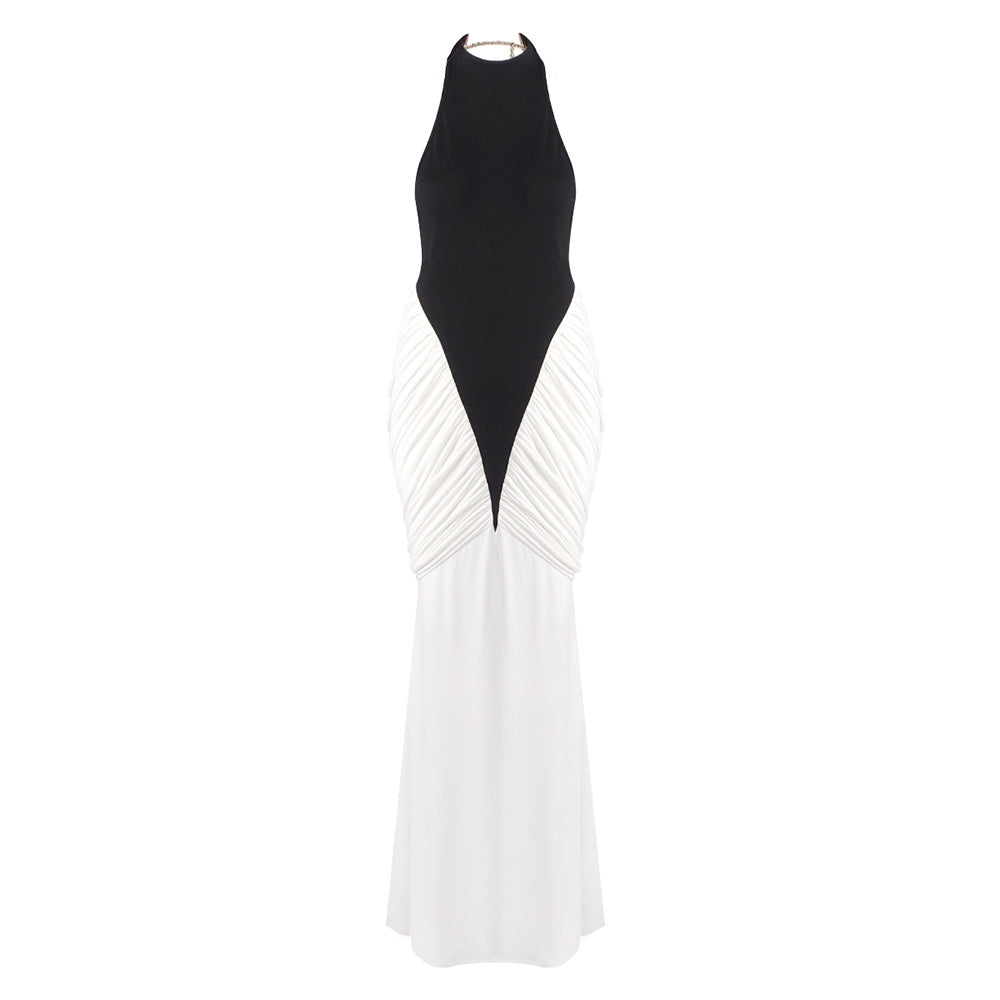 Women's Color Matching Pleated Backless Dress Elegant Dresses
