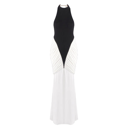 Women's Color Matching Pleated Backless Dress Elegant Dresses