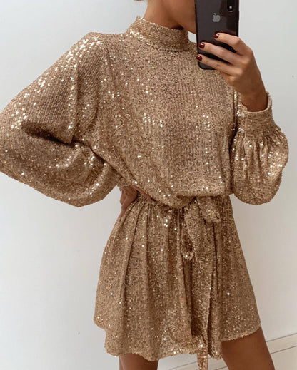 Gown Gold Slim Fit Slimming Long Sleeves Sequins Dresses