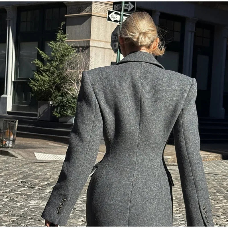 Women's Spring Woolen Elegant Lapel High Waist Coats