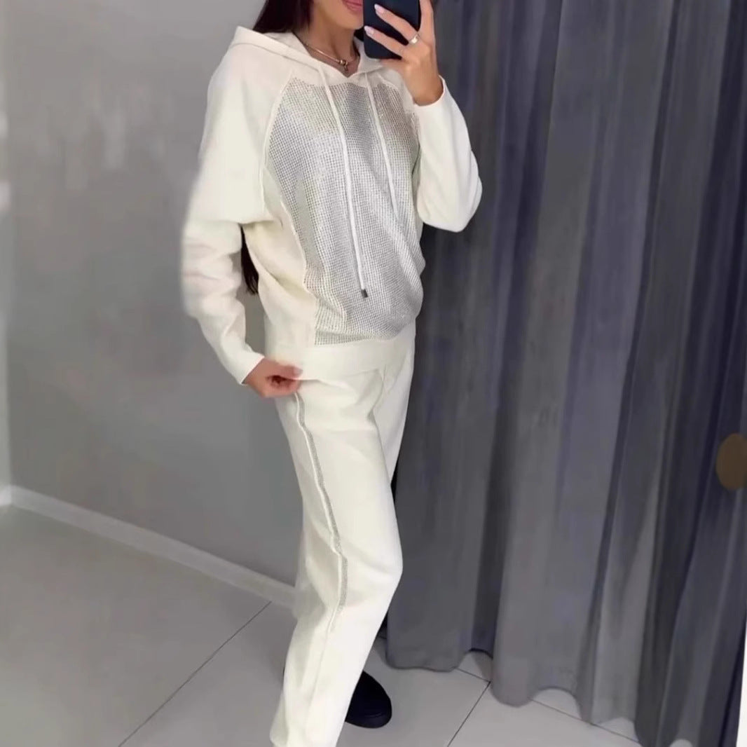 Women's Fashion Casual Hooded Rhinestone Belt Pocket Suits