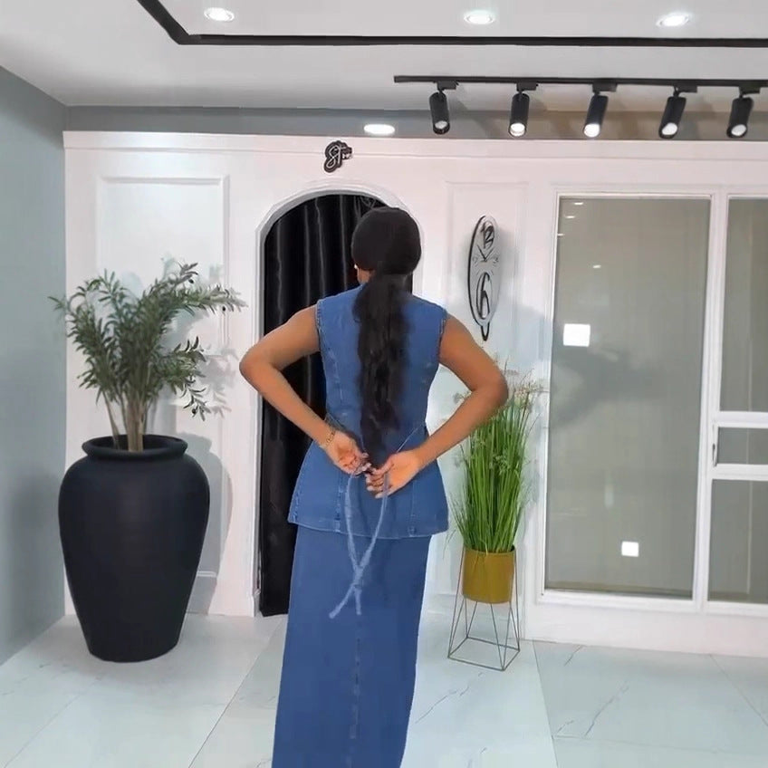 Women's Fashion Wear Denim Sleeveless Button Pocket Suits