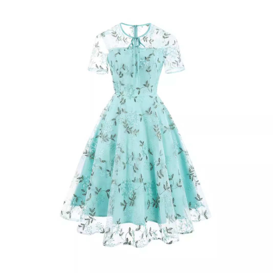 Women's Fashion Mesh Embroidered Dress Summer Sleeve Dresses