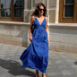 Women's Blue Suspender Summer Loose Casual Cotton Linen Dresses