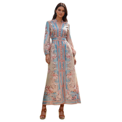 Women's Design Single-breasted Lantern Sleeve Positioning Printed Dress Dresses
