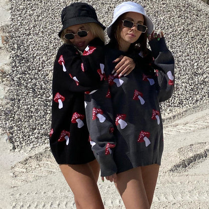 Women's Long Loose Mushroom Retro Crew Neck Sleeve Sweaters