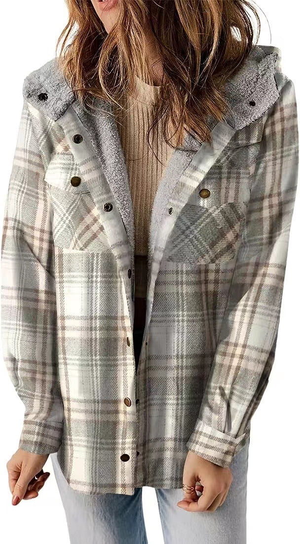 Women's Long-sleeved Plaid Woolen Hooded Lamb Wool Sweaters