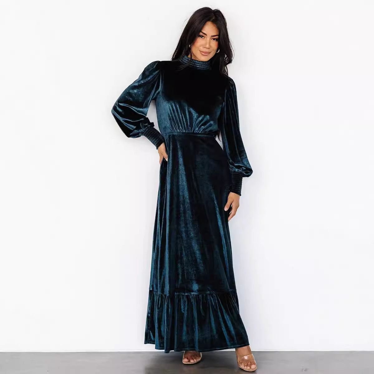 Women's Drawstring Sleeve Dress Half Turtleneck High Waist Dresses