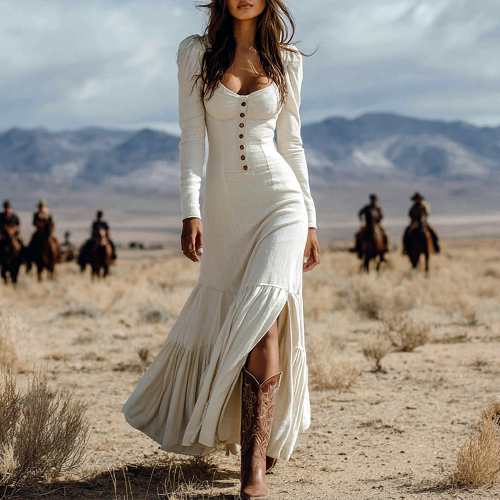Retro Western Style Deep V Long Sleeve Dresses