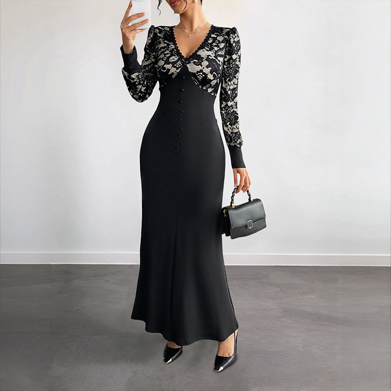 Date Sexy Retro Lace Stitching Long Dresses