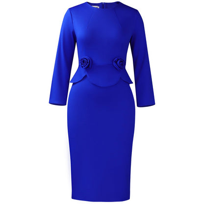 Women's Fashion Round Neck Long Sleeve Solid Dresses