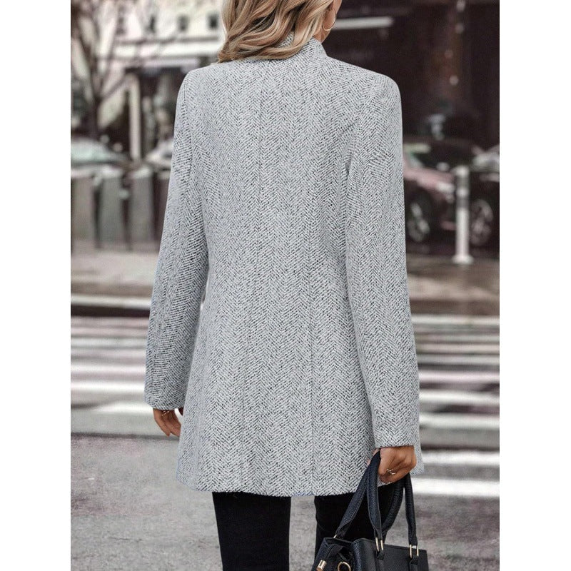 Women's Long Sleeve Solid Color Stand Collar Button Trench Fashion Coats