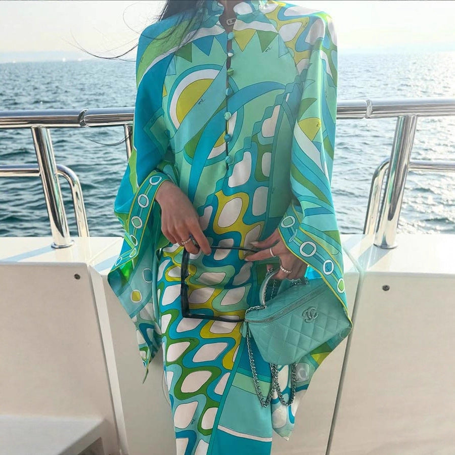 Positioning Printed Long Sleeve Stand Collar Dress Dresses