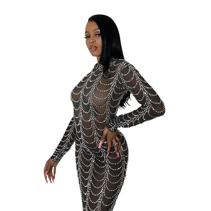 Fashion Sexy Nightclub Hot Rhinestone Mesh Dresses