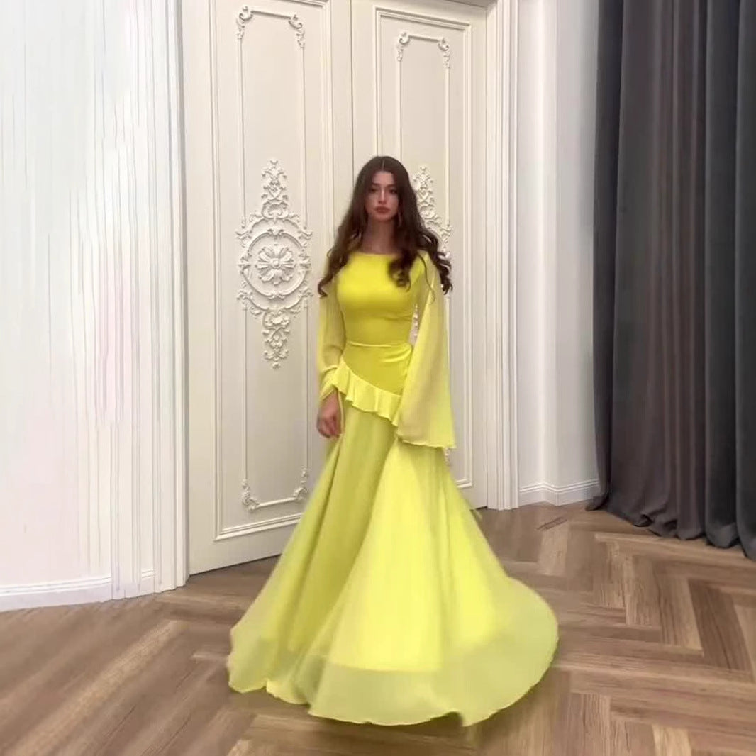 Elegant Flare Sleeve Long Ruffled Design Dresses