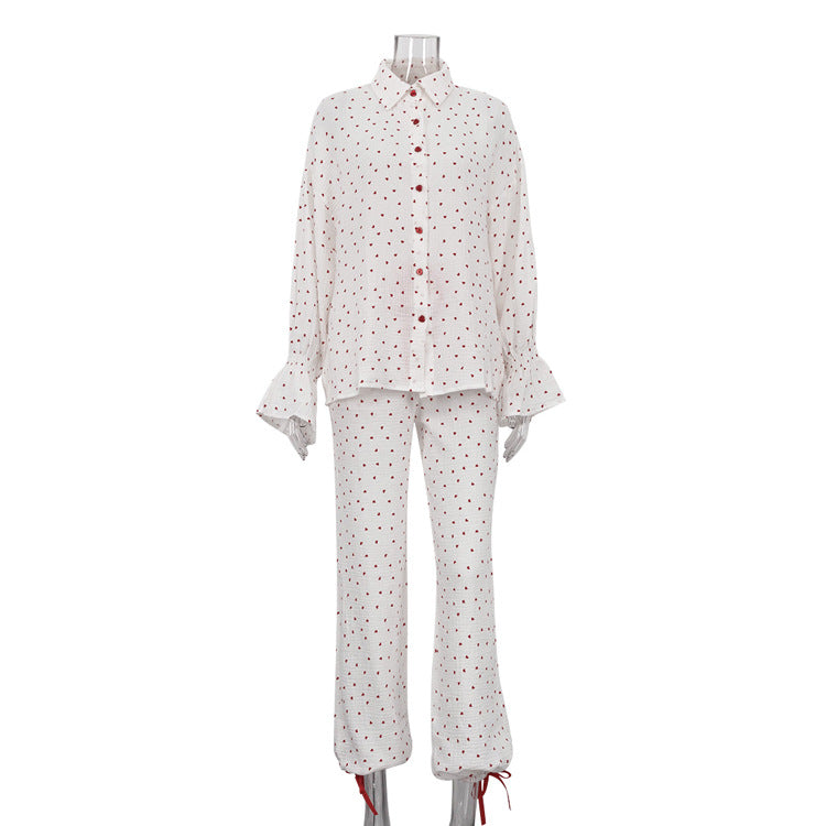 Women's Fashion Cotton Heart Printing Long-sleeved Loose Suits