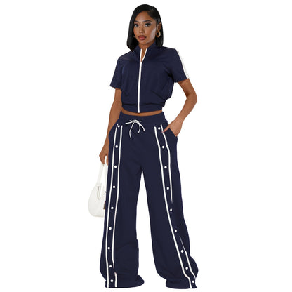 Women's Strap Wrap Breasted Loose Pockets Wide Leg Suits