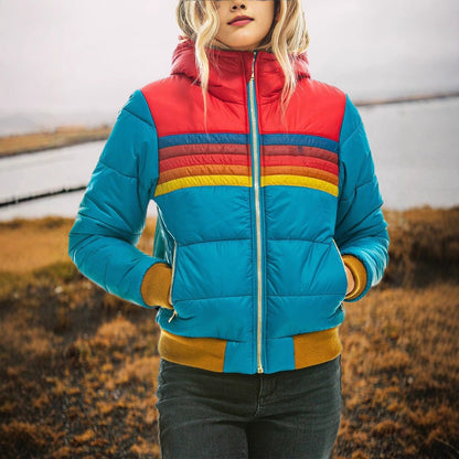 Women's Casual Hooded Printed Cotton Contrast Color Coats