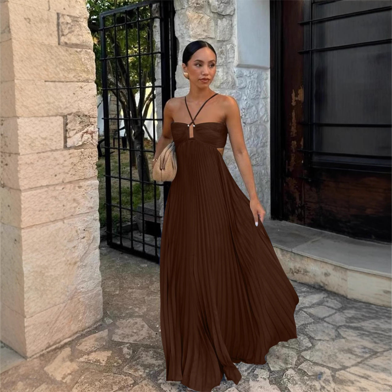 Summer Pure Color Pleated Sleeveless Suspender Dresses