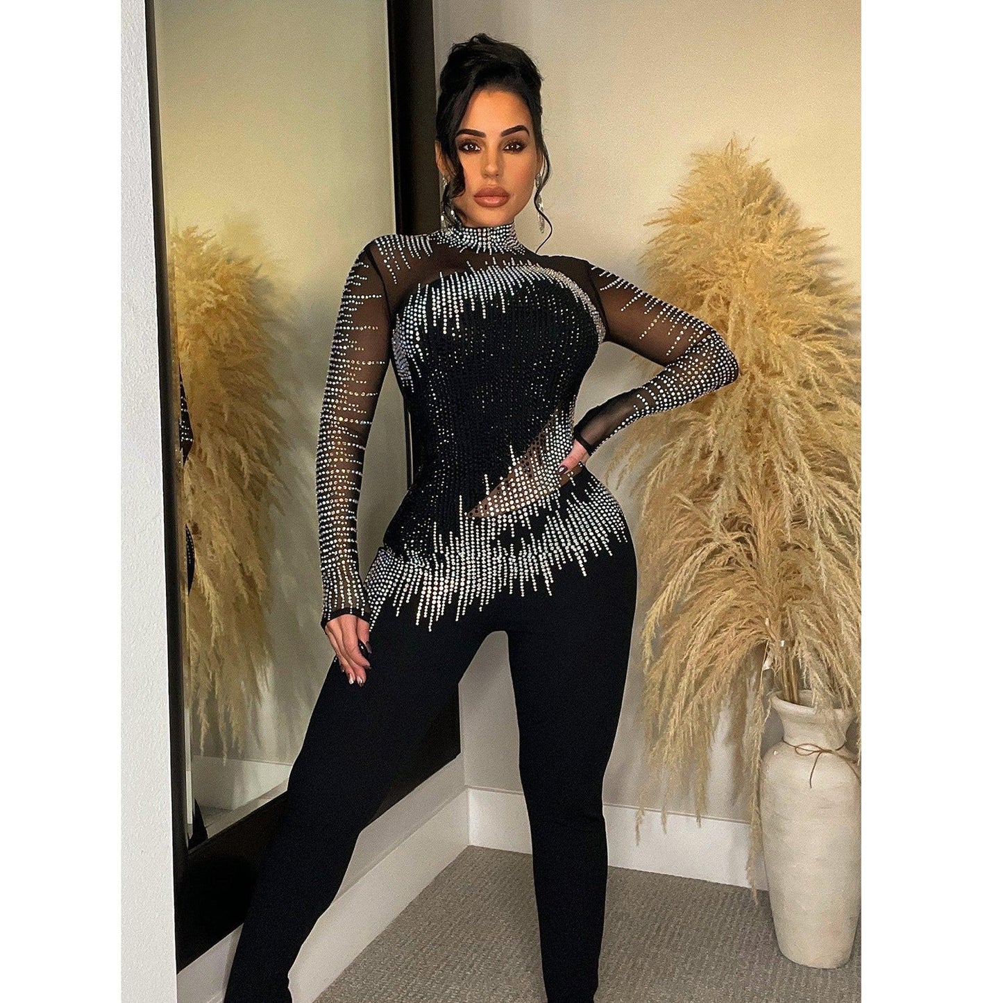 Women's Fashion Wear Pure Color Mesh Rhinestone Suits