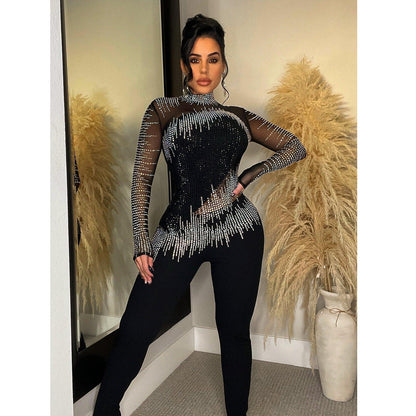 Women's Fashion Wear Pure Color Mesh Rhinestone Suits