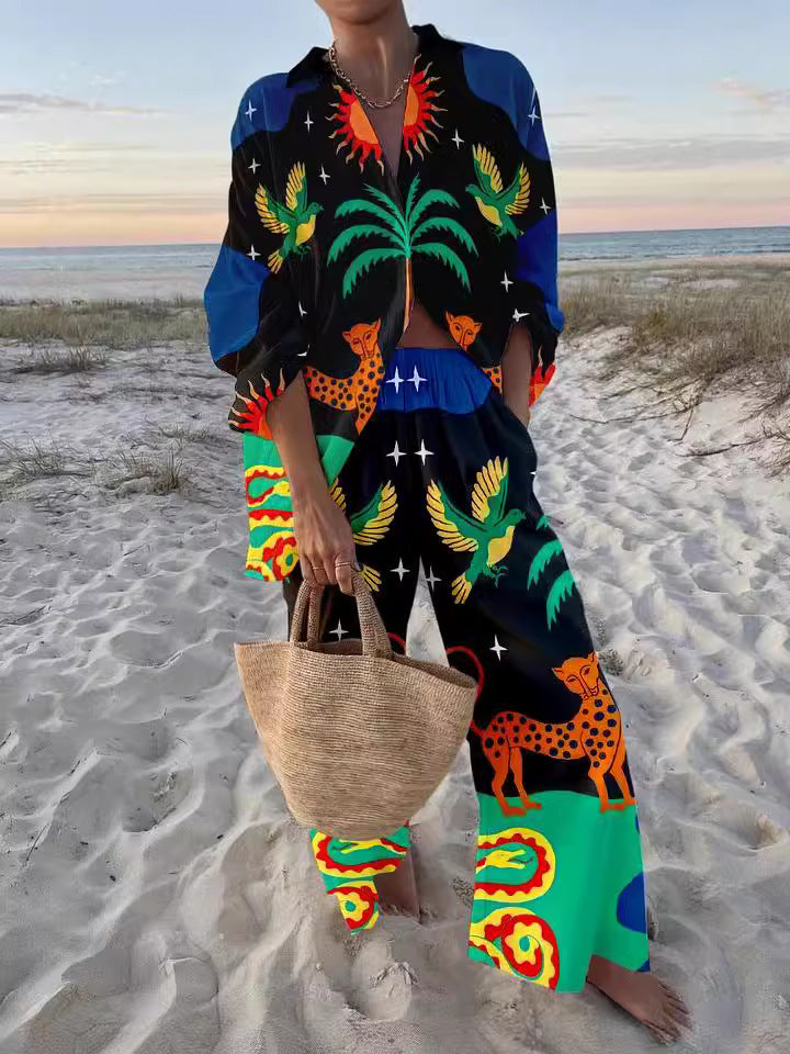 Women's Digital Flower Hawaiian Vacation Style Shirt Suits
