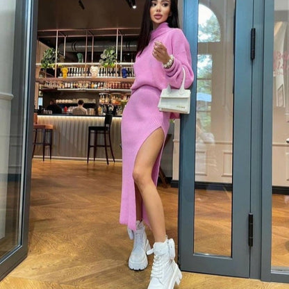 Turtleneck Loose Pullover Split Sexy Long Suits