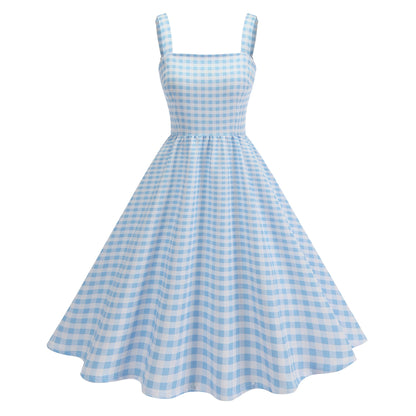 Pink Plaid Young Strap Long Dress Tops