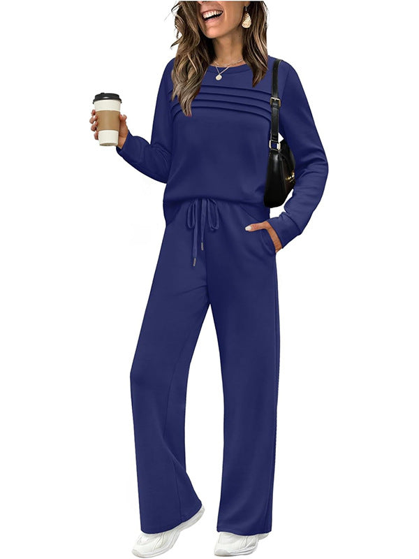 Women's Autumn Long Sleeve Round Neck Casual Elastic Waist Trousers Suits