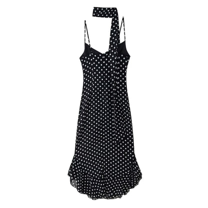 Women's Retro Dots Printed Scarf Ruffled Spaghetti Dresses