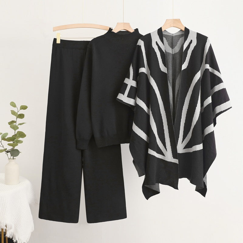 Women's Temperament Idle Style Knitted Shawl Cape Wide Leg Suits