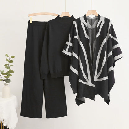 Women's Temperament Idle Style Knitted Shawl Cape Wide Leg Suits