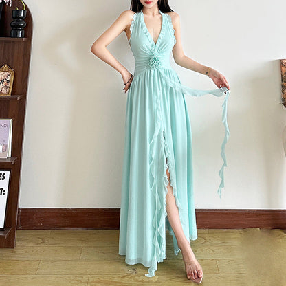 Women's Print Split Sleeveless Slimming Halter Deep Dresses