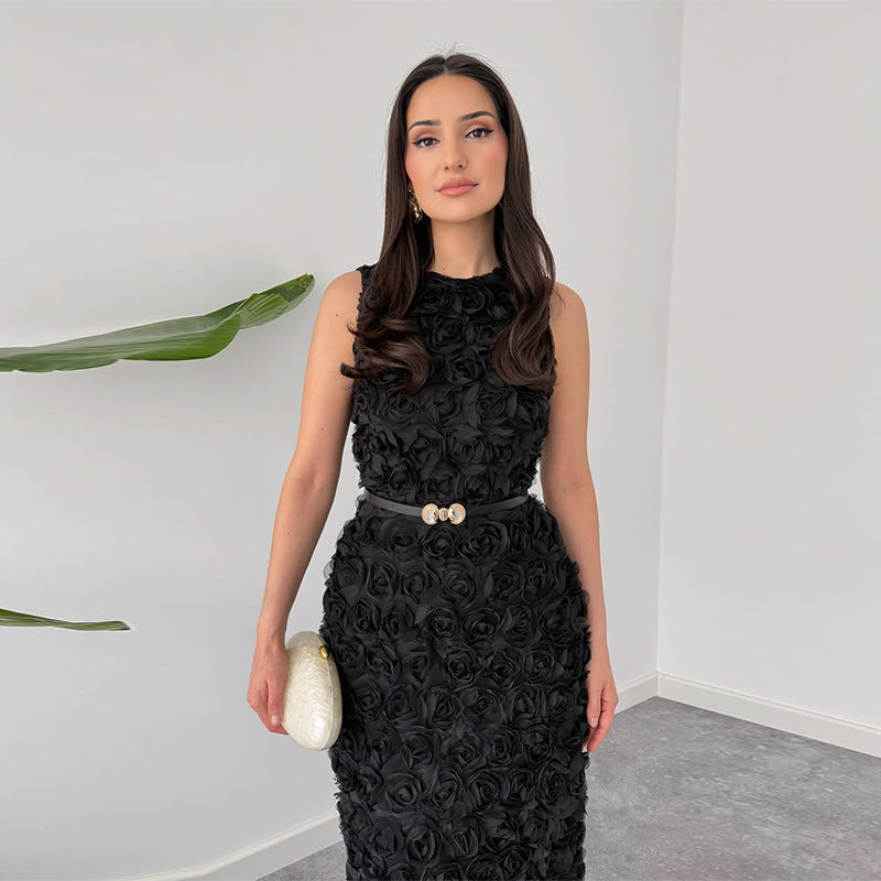 Women's Round Neck Sleeveless Ruffled Elegant Dress Dresses
