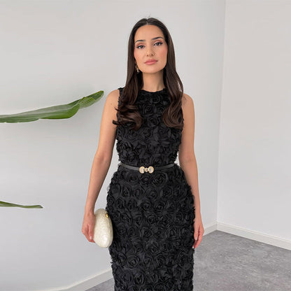 Women's Round Neck Sleeveless Ruffled Elegant Dress Dresses