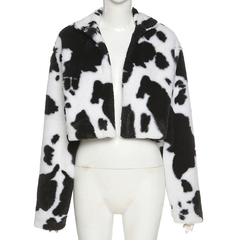 Women's Black White Polka Dot Plush Loose Coats