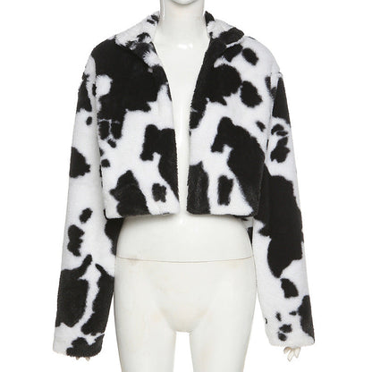 Women's Black White Polka Dot Plush Loose Coats