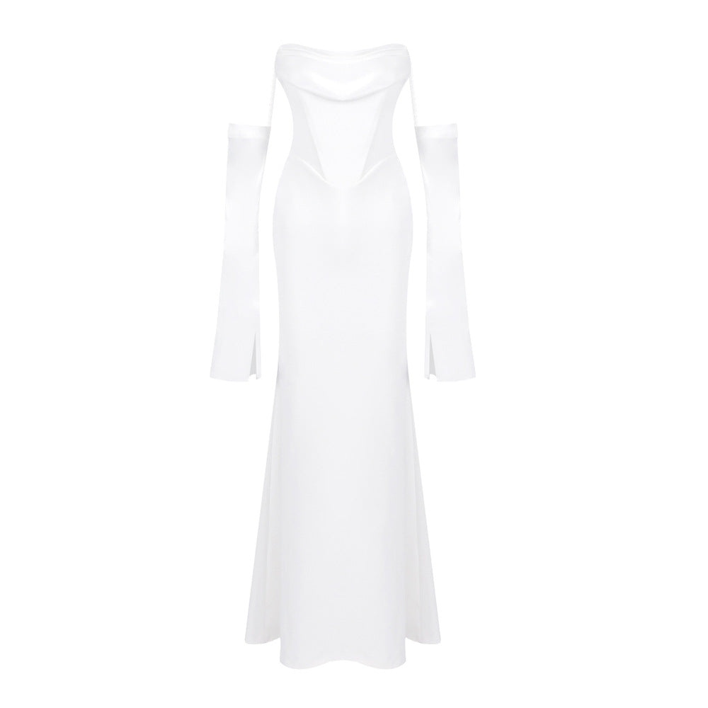 Women's Long-sleeved Dress Dinner Black White Waisted Dresses