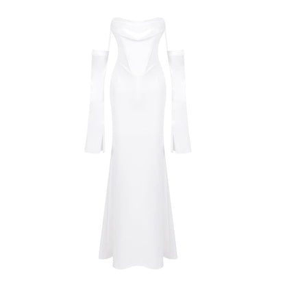 Women's Long-sleeved Dress Dinner Black White Waisted Dresses