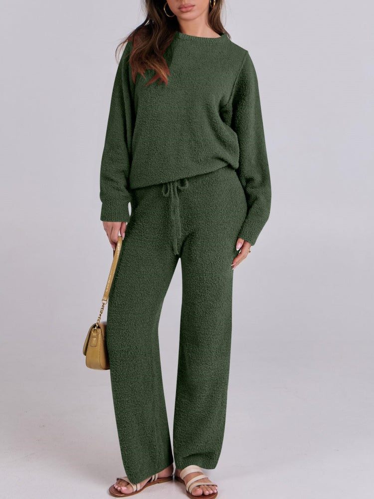 Women's Color Round Neck Long Sleeve Trousers Suits