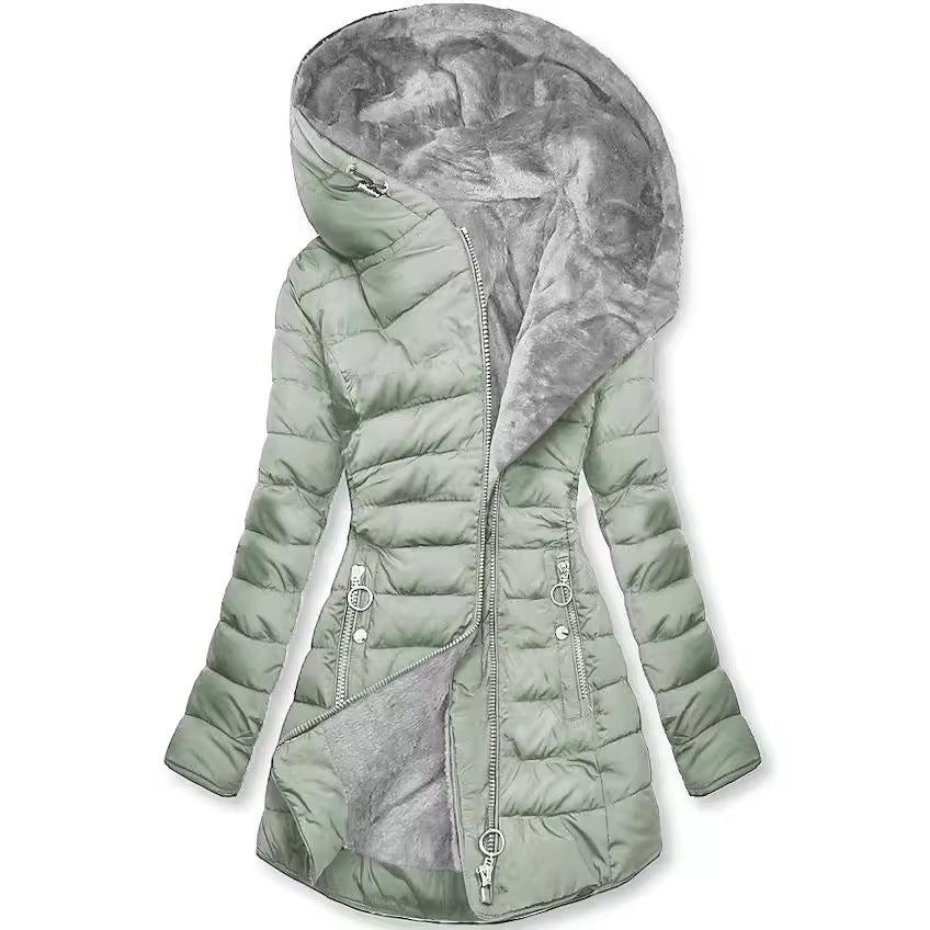 Women's Plush Hooded Mid-length Oblique Zipper Coats