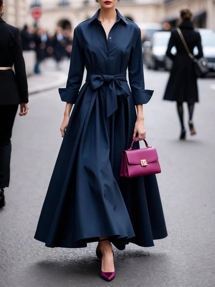 Women's Long Sleeve Pure Color Tied Lapel Dresses