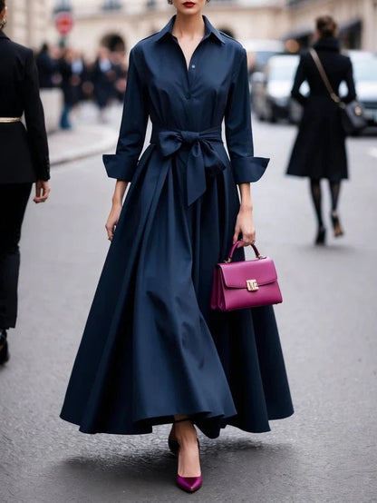 Women's Long Sleeve Pure Color Tied Lapel Dresses